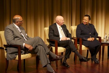 A Path to Equality: The Impact of the Civil Rights Acts of the 1960s; Michael Steele (left), former Chairman of the Republican National Committee and Lieutenant Governor of Maryland; Jim Jones (middle), former Chief of Staff to President Johnson, Congressman, and Ambassador to Mexico; and Carol Moseley Braun (right), former Senator and Ambassador to New Zealand and Samoa