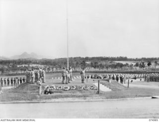 PORT MORESBY, NEW GUINEA. 1944-08-05. MAJOR GENERAL B.M. MORRIS, DSO, GENERAL OFFICER COMMANDING AUSTRALIAN NEW GUINEA ADMINISTRATIVE UNIT SPEAKING DURING THE OFFICIAL OPENING CEREMONY OF THE ..