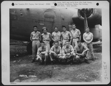 1st Lt. Eby and crew of the 65th Bomb Squadron, 43rd Bomb Group, pose by a Consolidated B-24 "Liberator" at Dobodura Airstrip, Papua, New Guinea. 11 February 1944. (U.S. Air Force Number 72366AC)