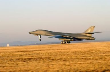 At Dyess Air Force Base (AFB), Texas, a B-1B Lancer bomber from the 9th Bomb Squadron (BS), takes off on a deployment to Guam in support of our defensive posture in the Pacific region