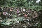 Feast at kastom occassion, in Ngarinaasuru, with Christian-style food presentation on leaf rows