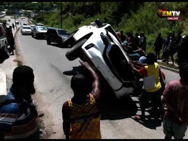 AN ACCIDENT HANUABADA BY-PASS WHEN A VEHICLE COLLIDED WITH A LIGHT POST AND OVERTURNED.