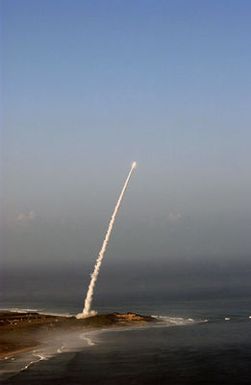 A medium-range separating target missile is seen seconds after lift-off from the Pacific Missile Range Facility (PMRF), Barking Sands, Kauai, Hawaii (HI). Six minutes later, the target was intercepted by a developmental Standard Missile Three (SM-3) launched from the Pearl Harbor based Ticonderoga Class Guided Missile Cruiser USS LAKE ERIE (CG 70) [not shown]. The test was the sixth intercept, in seven ight tests, by the AEGIS (Airborne Early-Warning Ground-Environmental Integration Segment) Ballistic Missile Defense, the maritime component of the "Hit to Kill" Ballistic Missile Defense System, being developed by the Missile Defense Agency. All previous Aegis Ballistic Missile Defense...