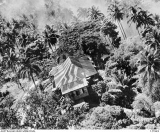 KAVIENG, NEW IRELAND. ? 1944-03. AERIAL PHOTOGRAPH FROM A BOMBER "PEELING OFF" OVER A LARGE CAMOUFLAGED HOUSE USED AS JAPANESE OFFICERS QUARTERS. IT WAS DESTROYED BY THE FOLLOWING PLANES, FROM ..