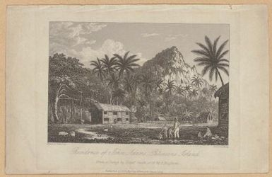 Residence of John Adams, Pitcairns Island / drawn & etched by Lieut. Col. Batty from a sketch by Lieut. Smith of H.M.S. Blossom