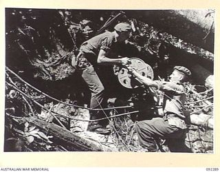 BOUGAINVILLE. 1945-05-17. SIGNALMAN, PRIVATE S.N. MANSFIELD (1) AND PRIVATE W.J. SHARPE (2), NEGOTIATING STEEP BANKS OF THE HUDA RIVER WITH A DRUM OF CABLE, WHILE LAYING LINE IN THE REAR OF THE C ..
