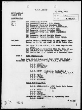 USS AYLWIN - Report of Landing Bombardment of Asan Beach, Guam, Island, Marianas, on 7/20-21/44