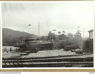 KWIARA, CHINA STRAITS, 1943-07-06. THE AM-48 ON THE SLIPS OF THE 1ST AUSTRALIAN WATER TRANSPORT GROUP MAINTENANCE BASE