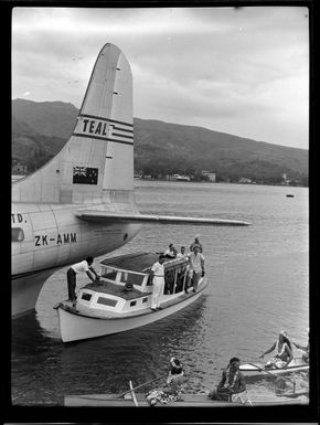 Welcoming reception for TEAL (Tasman Empire Airways Limited) passengers, Papeete, Tahiti