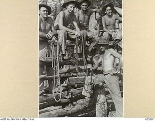 PORT MORESBY, PAPUA. 1942-07-11. DIGGER HORSE-BREAKERS. FORMERLY QUEENSLAND BUSHMEN, THESE MEN WERE RECRUITED INTO THE INDEPENDENT LIGHT HORSE TROOP TO ROUND UP AND BREAK, BRUMBIES FROM THE HILLS ..