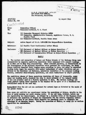 USS CAVALIER - Report of Landing Operations on Saipan and Tinian Islands, Marianas During the Period 6/16/44 to 7/28/44