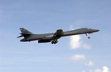 A US Air Force (USAF) B-1B Lancer Bomber, deployed from Dyess Air Force Base (AFB), Texas, takes off from Andersen AFB, Guam, in support of the 7th Air Expeditionary Wing's mission