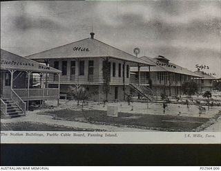 Fanning Island. A postcard showing the Station Buildings of the Pacific Cable Board on Fanning Island. On the left is the electrician's house, the large office building in the centre next to the ..