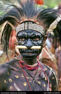 A Febi elder wearing the black body paint and cassowary feather headdress of a member of a raiding party