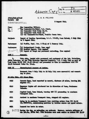USS FELAND - Report of Operations, Period 7/9/44 to 8/9/44 - Landings on Guam Island, Marianas