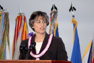The Honorable Linda Lingle, Governor of the State of Hawaii, delivers her comments during a joint U.S. Navy/National Park Service ceremony commemorating the 65th anniversary of the attack on Pearl Harbor, Hawaii, on Dec. 7, 2006. (U.S. Navy PHOTO by Mass Communication SPECIALIST 1ST Class James E. Foehl) (Released)