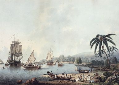 Cleveley, James fl 1776-1780 :[View of Charlotte Sound in New Zealand in the South Seas. [i. e. Matavai Bay, Tahiti, 1779]. Drawn on the spot by James Cleveley, painted by John Clevely, London. F. Jukes aquatt. London, Thomas Martyn, 1788]