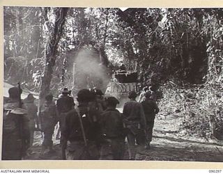 BOUGAINVILLE. 1945-03-31. A REAR VIEW OF 2/4 ARMOURED REGIMENT MATILDA TANKS SUPPORTED BY INFANTRY, MOVING ALONG BUIN ROAD AND OVER SLATER'S KNOLL. THEY WERE ABLE TO EXTRICATE BELEAGUERED COMPANIES ..