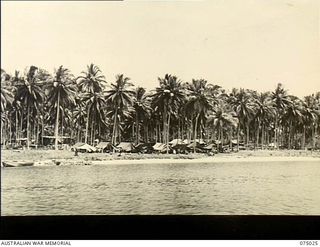 Nagada, New Guinea. 1944-08-02. The picturesque camp setting of the 4th Field Ambulance set among the tall coconut palms on the water's edge