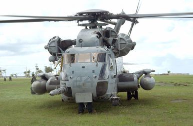 US Marine Corps (USMC) CH-53 Sea Stallion helicopters, Marine Medium Helicopter Squadron-263 (HMM-263) land at Polaris Point Guam Naval Station to pick up US Army (USA) troops for transport to Tinian Island as part of Exercise TANDEM THRUST 2003