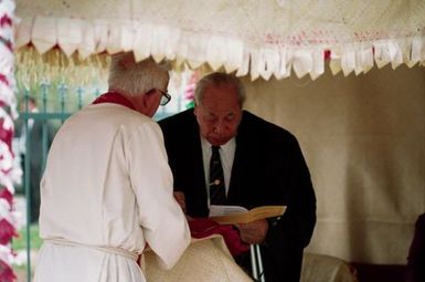 King Taufa'ahau Tupou IV, King of Tonga, at dedication of church Vaine Mo'onia