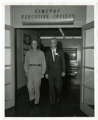 Lieutenant General Verdi B. Barnes escorts Senator Peter H. Dominick from United States Pacific Command headquarters at Camp H. M. Smith in Oahu, Hawaii following his briefing by the Commander in Chief, Pacific, in 1963, 1963 September 12