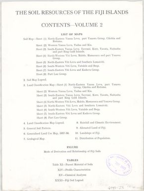 The soil resources of the Fiji Islands: Contents card - front (contents card (front))