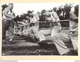 TOROKINA, BOUGAINVILLE, 1945-07-15. MEMBERS OF 12 ADVANCED WORKSHOP TUG OF WAR TEAM, WHICH CAME SECOND IN THE EVENT, AT THE COMBINED ALLIED SPORTS CHAMPIONSHIP MEETING AT GLOUCESTER OVAL ARRANGED ..