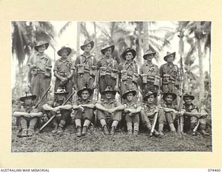 MADANG, NEW GUINEA. 1944-07-03. PERSONNEL OF HEADQUARTERS COMPANY, 24TH INFANTRY BATTALION. IDENTIFIED PERSONNEL ARE:- VX141603 PRIVATE S. DAVIDSON (1); VX104479 PRIVATE H. MITCHELL (2); VX141990 ..