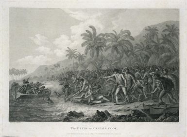 Webber, John 1751-1793 :The death of Captain Cook. Drawn by J. Webber; the figures engraved by F. Bartolozzi, R. A.; the landscape by W. Byrne. London published 1 July 1785 by W. Byrne ... & J Webber