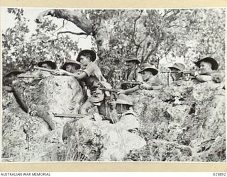 PORT MORESBY, PAPUA. 1942-07-11. AUSTRALIAN INFANTRY CONDUCTING MANOEUVRES IN DENSE TROPICAL BUSH IN NEW GUINEA. THIS PICTURE SHOWS THE "ENEMY" (WHO WORE FELT HATS AS DISTINGUISHING MARKS) WAIT TO ..