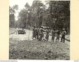 WAU - LAE ROAD, NEW GUINEA, 1944-03-02. SEVENTY FIVE YULE ISLAND BOYS UNDER AUSTRALIAN NEW GUINEA ADMINISTRATIVE UNIT DIRECTION CUT AND FORMED THIS SECTION OF THE WAU - LAE ROAD WITHOUT THE ..
