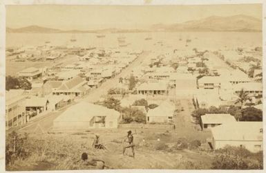 View of Noumea, New Caledonia, with Kanak men in foreground, ca. 1870s / Allan Hughan