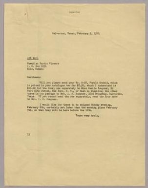 [Letter from I. H. Kempner to Hawaiian Exotic Flowers, February 5, 1954]