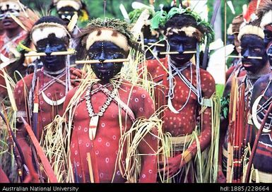 A small band of Febi youths in ceremonial dress at the celebration of district cultures at Koroba Provincial High School in 1980