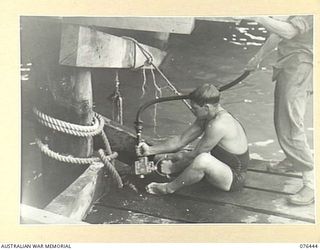 LAE, NEW GUINEA. 1944-10-04. VX75368 SAPPER R. MATTINSON, 10TH FIELD COMPANY, DRILLING HOLES IN BRACINGS FOR A NEW "LIBERTY" WHARF