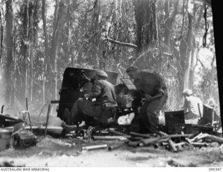 BOUGAINVILLE. 1945-04-05. WO II, F. GWYNNE, CSM B COMPANY (1), AND PTE J.H.E. HELLYER (2). 25 INFANTRY BATTALION TROOPS FIRING 2-POUNDER ARMOUR-PIERCING SHELLS FROM SLATER'S KNOLL DURING ACTION ..