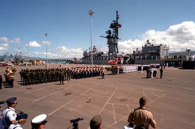 A wreath laying ceremony involving all the branches of the military takes place in honor of the Unknown Soldier of the Vietnam War. The flag draped casket will be transported aboard the frigate USS BREWTON (FF 1086) to Alameda, California. Its final destination will be the Tomb of the Unknown Soldier at Arlington National Cemetery, Virginia