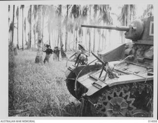 1943-01-07. PAPUA, GIROPA POINT. MEMBERS OF 2/12TH INFANTRY BATTALION ADVANCE AS GENERAL STUART M3 LIGHT TANKS MANNED BY B SQUADRON, 2/6TH ARMOURED REGIMENT, BLAST JAPANESE PILLBOXES IN THE FINAL ..