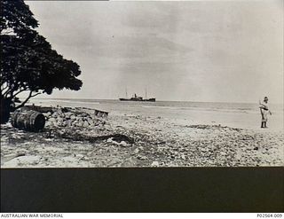 Fanning Island. 7 September 1914. The collier ship that attended the Nurnberg as they sailed into the harbour at Fanning Island, both flying the French flag. The Nurnberg was sent to Fanning Island ..