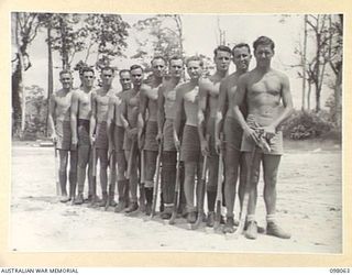 TOROKINA, BOUGAINVILLE, 1945-10-15. THE 11 FIELD AMBULANCE HOCKEY TEAM. THE TEAM PLAYED HEADQUARTERS 2 CORPS HOCKEY TEAM IN THE BOUGAINVILLE ASSOCIATION HOCKEY FINAL AT TURTON OVAL