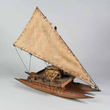 Model double hulled sailing canoe