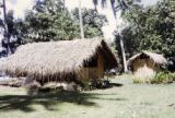 French Polynesia, thatched-roofed home on Tahiti Island