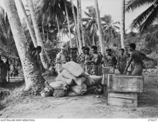 BASAMA-LAE AREA. NEW GUINEA. 1944-07-13. WARRANT OFFICER II, K WOODMAN, AUSTRALIAN NEW GUINEA ADMINISTRATIVE UNIT, CHECKING A CONSIGNMENT OF NATIVE RATIONS AFTER BEING UNLOADED ON THE BEACH