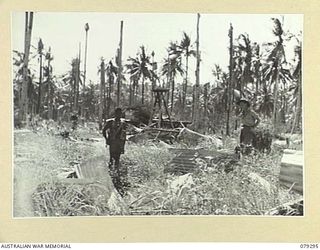 MELKONG RIVER, NEW BRITAIN. 1945-02-20. THE REMAINS OF THE GERMAN MISSION BUILDING IN THE PLANTATION WHICH WAS WRECKED DURING A RAID BY ALLIED BOMBERS. THE CRATER IN THE FOREGROUND MARKS THE SPOT ..