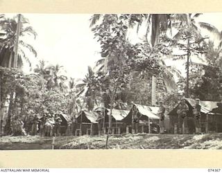 SIAR, NEW GUINEA. 1944-06-25. TENT LINES OF NO.7 PLATOON, A COMPANY, 57/60TH INFANTRY BATTALION. IDENTIFIED PERSONNEL ARE:- VX120536 PRIVATE H. SMITH (1); VX89776 PRIVATE C.V. HOOPER (2); Q127453 ..