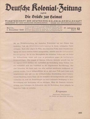 Deutsche Kolonial-Zeitung, 47. Jg. 1. Dezember 1935, Heft 12.