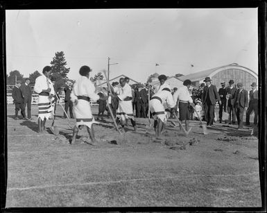 Fijian firewalkers preparing the ground at the New Zealand International Exhibition, Christchurch