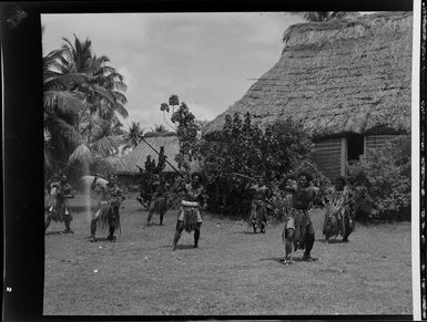 Male dancers with long spears at the meke, Lautoka, Fiji