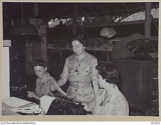 LAE, NEW GUINEA. 1945-05-15. TYPISTS AT WORK IN "Q" MOVEMENT AND TRANSPORTATION, HEADQUARTERS FIRST ARMY. A FEW DAYS AFTER THEIR ARRIVAL FROM AUSTRALIA, AUSTRALIAN WOMEN'S ARMY SERVICE PERSONNEL ..